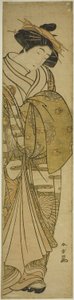 菊柄の着物を着た花魁 作： Katsukawa Shunsho