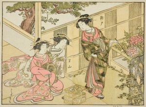 ちょうじやの遊女 「緑の家の美しさの比較-それらの形の鏡」より。 1 作： Katsukawa Shunsho