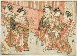 諸家の五人の娼婦 単行本『清露美人合わせ姿鏡』より 3 作： Katsukawa Shunsho