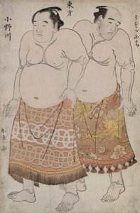 鵜ヶ淵と女川を描いた東部組力士の全身像（色木版画） 作： Katsukawa Shunsho