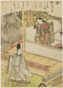 シーン 4 : ベランダで廷臣に話しかける女官、18 世紀後半 作： Katsukawa Shunsho