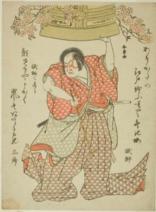 1780 年 11 月 1 日から盛田座で上演された芝居「ときめくや大江戸の初雪」で渡辺長七とナウとして俳優の初代嵐日奈助 作： Katsukawa Shunsho