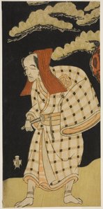 1768 年、11 月に市村劇場で上演された劇「男山ゆんぜいくらべ」で泥棒一本左衛門に扮した沼太郎九星役の俳優嵐乙八 作： Katsukawa Shunsho
