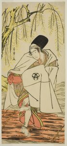 1781 年 11 月に森田座で上演された芝居「さきかえせ雪のみよしの」で白鷺の霊に変装した神官五位助として俳優の坂東光五郎初代 作： Katsukawa Shunsho