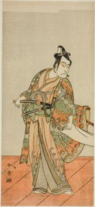 1772 年 11 月 (?) に森田座 (?) で上演された芝居「伊豆暦芝居のがんじつ」 (?) で工藤金石 (?) 役を演じた俳優の五代目市川團十郎 作： Katsukawa Shunsho