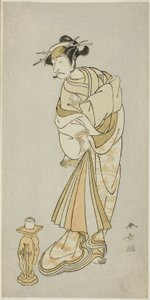 芝居「京成もみじの打掛」第二部のラストシーン「その写し絵松にかえで」の正眼僧の精霊役の俳優・市川團十郎五世 オーバー着物の遊女 作： Katsukawa Shunsho
