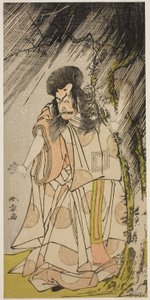 1776 年 8 月に市村座で上演された芝居「菅原伝授手習鏡」で、菅原道真の化身である雷神としての三代目市川海老蔵 作： Katsukawa Shunsho