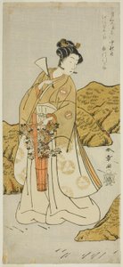芝居「春は蘇我曙草子」で白菊役の俳優二代目市川門之助、1772 年、元月、中村座で上演 作： Katsukawa Shunsho