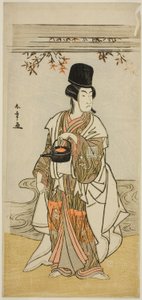 1777年11月中村座で上演された劇「将門冠の初雪」で役者の二代目市川門之助が宮廷奉公正平田貞盛を演じる 作： Katsukawa Shunsho