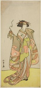 1776年正月森田座で上演された園兄弟藤姿見で花魁の華僑坂の少将を演じた二代目市川門之助 作： Katsukawa Shunsho