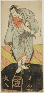 1781 年 11 月に中村座で上演された「四天王殿のきせわた」の巡礼者覚山としての二代目市川門之助 作： Katsukawa Shunsho