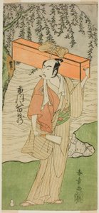 1769 年 2 月 (?) 中村座 (?) で上演された芝居「蘇我モヨ 愛護の若松」 (?) で道化師千楽 (?) に変装した俳優、二代目市川八百蔵 (蘇我十郎助成)