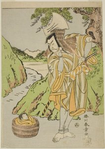 芝居「鵺の森一葉の的」第4幕(?)で、長田太郎影宗役の二代目松本幸四郎が木こりガンクツの五郎蔵に変装。 中村劇場 作： Katsukawa Shunsho