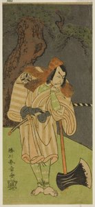1770 年 11 月に中村座で上演された鵺の森一葉の間で木こりガンクツの五郎蔵に変装した長田太郎景宗役の二代目松本幸四郎 作： Katsukawa Shunsho