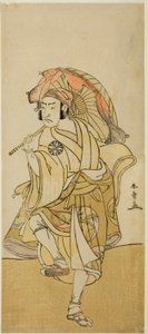 1777 年 11 月に市村劇場で上演された芝居「稚児鳥居 飛び入りきつね」で獅子舞の角兵衛に変装した俳優の中村中蔵初代 作： Katsukawa Shunsho