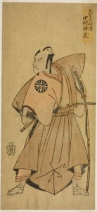1768 年 11 月 (?) に中村座 (?) で上演された劇「今をさかり末広源氏 (?)」 で長田太郎 (?) を演じた俳優の中村仲蔵初代 (?) 作： Katsukawa Shunsho