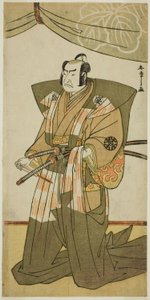 1780 年、11 月に中村座で上演された劇「きかえる錦の若夜」で斉藤実盛として演じた俳優中村中蔵初代 作： Katsukawa Shunsho