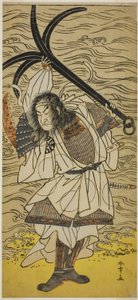 1777 年 4 月に森田座で上演された芝居義経千本桜で、東海谷銀平に変装した俳優中村中蔵初代 作： Katsukawa Shunsho