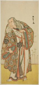 1789 年 1 月に中村劇場 (?) で上演された芝居「江戸の藤若柳蘇我」(?) で、俳優の中村中蔵 I が剣術の達人 源流琢磨 (?) を演じた (?) 作： Katsukawa Shunsho