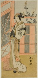 1772 年 2 月に森田座で上演された劇「小袖蔵の手鉤」で虚無僧に変装した操役者の中村能士男 (?) 作： Katsukawa Shunsho