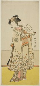 芝居志田楪葉蓬莱曽我(?)の大磯の虎(?)役の俳優中村能生初代、1775年正月(?)森田座(?)上演 作： Katsukawa Shunsho