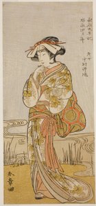 1775 年 11 月に市村座で上演された芝居「親船太平記」で玉波に変装した竜の乙女としての役者中村能塩夫 作： Katsukawa Shunsho