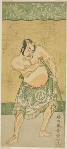 1770 年 11 月に市村座で上演された明戸菊伊豆のきせわたで力士又野五郎役の中村助五郎二代目 作： Katsukawa Shunsho