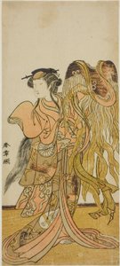 1775 年 8 月、森田座で上演された「京成月の都」で敦賀の遊女富山役を演じた初代中村富十郎 作： Katsukawa Shunsho