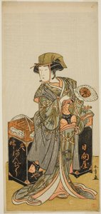 1777 年 11 月に市村座で上演された芝居「稚児鳥居とびいりきつね」で豆菓子行商の日向屋を演じた初代中村富十郎 作： Katsukawa Shunsho