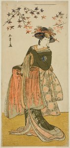 芝居歌舞伎の花万代蘇我の芸者雪乃（または大雪？）としての俳優中山富三郎初代、1781年4月に市村劇場で上演 作： Katsukawa Shunsho