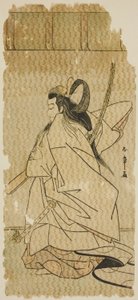 1779 年 11 月、中村劇場で上演された舞台「帰花英雄太平記」で、俳優の初代尾上松介が高教皇子を演じた。 作： Katsukawa Shunsho