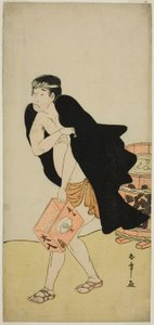 1780 年 11 月に中村座で上演された芝居「きたかえる錦の若夜」で駕籠担ぎ五兵衛役の初代尾上松助 作： Katsukawa Shunsho