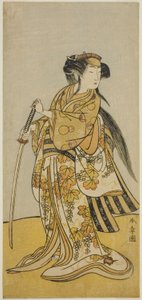 舞台「出世太平記」（?）の呉羽（?）役の初代尾上民蔵、1775年八月中村座（?）で上演（?） 作： Katsukawa Shunsho