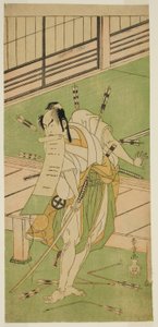 1770 年 7 月に市村劇場で上演された「新定相馬の紋火」で浮島大八に変装した白狐としての三代目大谷浩二 作： Katsukawa Shunsho