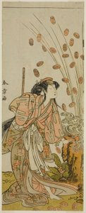 三代目瀬川菊之丞 花魁千代崎に変装した人丸役、花葛城の鐘の芝居杯で、昭和30年3月に市村劇場で上演された。 作： Katsukawa Shunsho