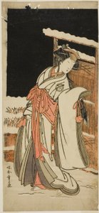 1777 年 11 月に市村劇場で上演された芝居「稚児鳥居 飛び入りきつね」で玉梓に変装した俳優の瀬川菊之丞三代目静御前 作： Katsukawa Shunsho