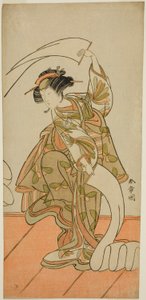 1775年11月、中村座で上演された劇「花相雲源氏火急」で、「布更し」舞踊の遊女黄瀬川役の三代目瀬川菊之丞 作： Katsukawa Shunsho