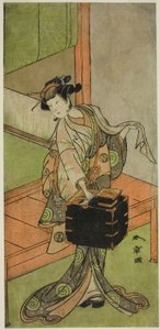 1772 年第 2 月に森田座で上演された劇「小袖蔵の手鉤」で美容師に変装した宮城野役の二代目俳優山下金作 (?) 作： Katsukawa Shunsho