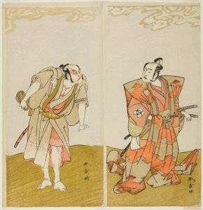 芝の川勝役の初代坂東光五郎（右）と三代目大谷広右衛門役の野郎雁助（左） 宮柱巌の舞台 t の 15 日目の劇場