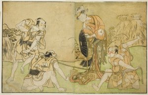 The Actors Bando Zenji I as Nagahashi Saburo, Iwai Hanshiro IV as Otatsu-gitsune, Nakamura Konozo as Hagai Ujitsune, and an Unidentified Actor (right to left), in the Play Nue no Mori Ichiyo no Mato, Performed at the Nakamura Theater in the Eleventh Month, 作： Katsukawa Shunsho