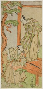 役者 五代目市川團十郎役の桃井若狭之助（右）と初代中村中蔵役の加古川本蔵（1771年五月中村座での『仮名手本忠臣蔵』） 作： Katsukawa Shunsho