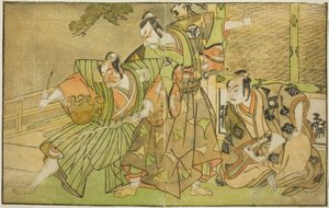 The Actors Ichikawa Komazo II as Minamoto no Yorimasa (right), Matsumoto Koshiro II as Osada no Taro Kagemune Disguised as Yatsurugi Zaemon (center), and Ichikawa Danzo III as I no Hayata Tadazumi (left), In the Play Nue no Mori Ichiyo no Mato, Performed a 作： Katsukawa Shunsho
