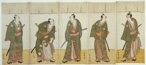 五人男』の狩金文七役・二代目市川門之助、安の平兵衛役・初代坂東三津五郎、極印仙右衛門役・五代目市川団十郎、雷松九郎役・二代目中村助五郎、布袋一右衛門役・二代目坂田半五郎（右から左へ 作： Katsukawa Shunsho