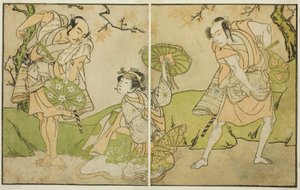 市川染五郎（右）、二世瀬川菊之丞（中央）、坂東三八（左）、役名未定『妙戸菊伊豆のきせわた』（1770年11月、市村座にて上演） 作： Katsukawa Shunsho