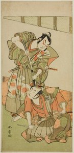 The Actors Ichikawa Yaozo II as Konoshita Hyokichi (?) (right), and Sakata Hangoro II as Matsunaga Daizen Hisahide (?) (left), in the Play Gion Sairei Shinko Ki (?), Perfomred at the Ichimura Theater (?) in the Fifth Month, 1775 (?)