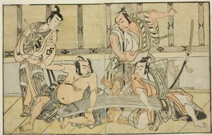 The Actors Ichikawa Yaozo II as Kujaku no Saburo, Matsumoto Koshiro II as Hata no Daizen Taketora, Nakajima Mihoemon II as Aramaki Mimishiro, and Nakamura Shocho I as Ki no Tsurayuki (right to left), in the Play Kuni no Hana Ono no Itsumoji, Performed at t 作： Katsukawa Shunsho