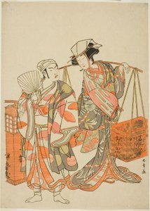 俳優の九代目市村羽左衛門が酒屋伊勢屋に扮した雄狐(左)と中村富十郎が豆餅行商の日向谷に扮した雌狐を演じる。 作： Katsukawa Shunsho