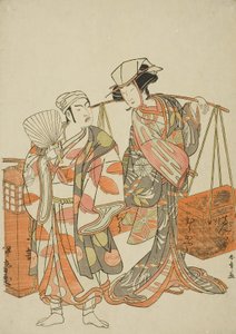 俳優の九代目市村羽左衛門が酒屋伊勢屋に扮した雄狐(左)と中村富十郎が豆餅行商の日向谷に扮した雌狐役、舞踊「妙人酒かわらぬなかなか」 作： Katsukawa Shunsho