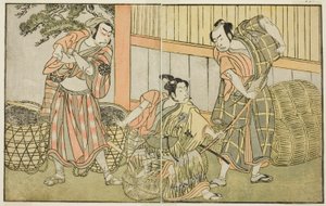The Actors Kasaya Matakuro II as Hagun Taro (right), Ichikawa Monnosuke II as Izutsu no Suke Narihira (center), and Nakamura Nakazo I as Kose no Kanaoka Disguised as Sogoro the Charcoal Maker, in the Play Kuni no Hana Ono no Itsumoji, Performed at the Naka 作： Katsukawa Shunsho