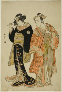 四代目松本幸四郎と三代目瀬川菊之丞が恋人長右衛門（右）とオハン（左）役で駆け落ちの場面「瀬川道行の安波」（後編の舞の間） 遊びの 作： Katsukawa Shunsho